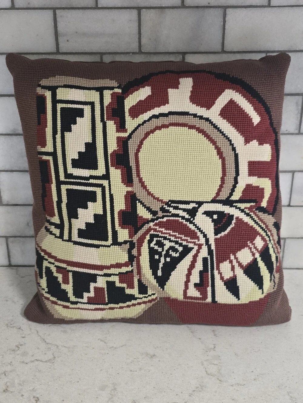 Vintage Southwest Native Pottery Pattern Needpoint Pillow
